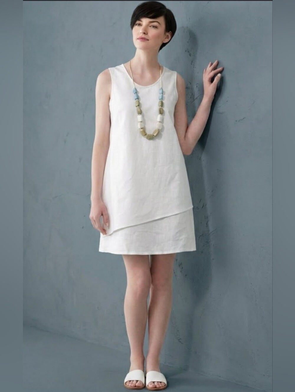 NWT Charlie Page White Sleeveless Layered Linen Cotton Dress Shift Medium